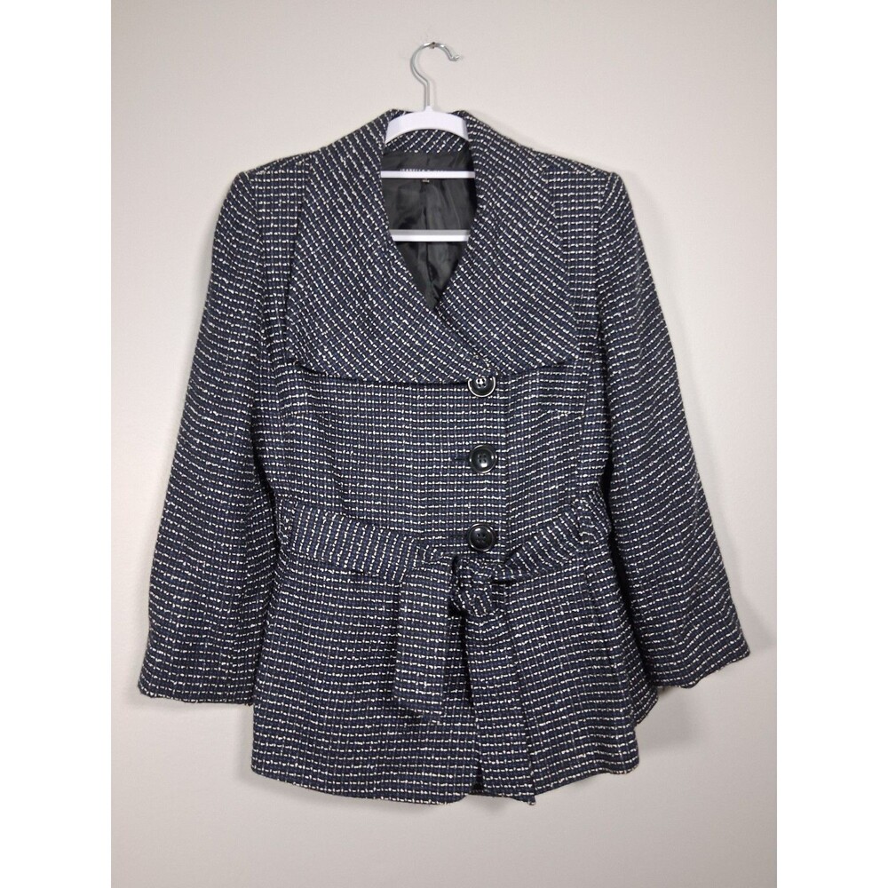 Isabella Demarco Jacket Womens 10 Tweed Belted Blue Black White Lined Collared